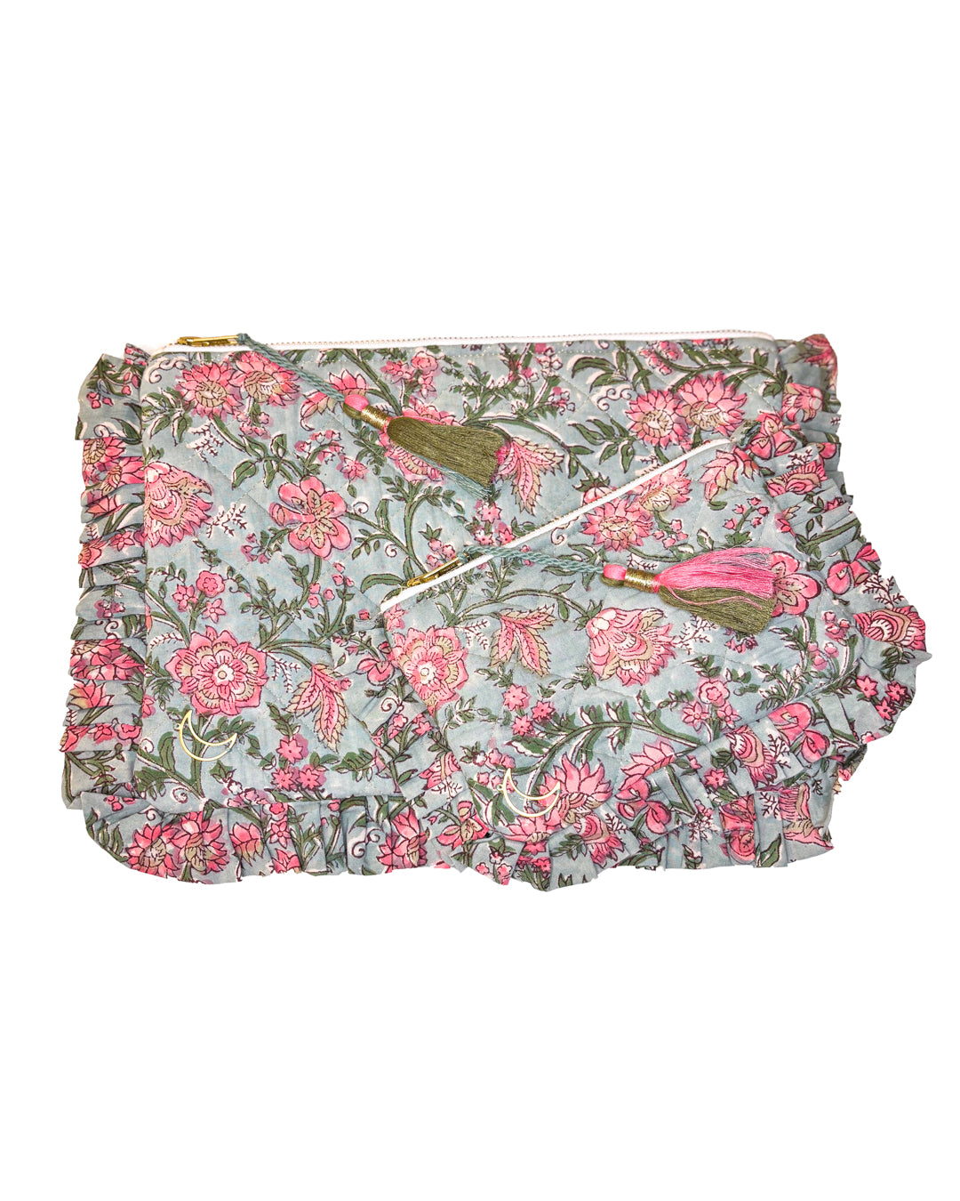 Block Print Ruffle Pouch - Pink Floral On Mint