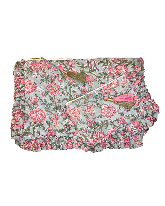 Block Print Ruffle Pouch - Pink Floral On Mint