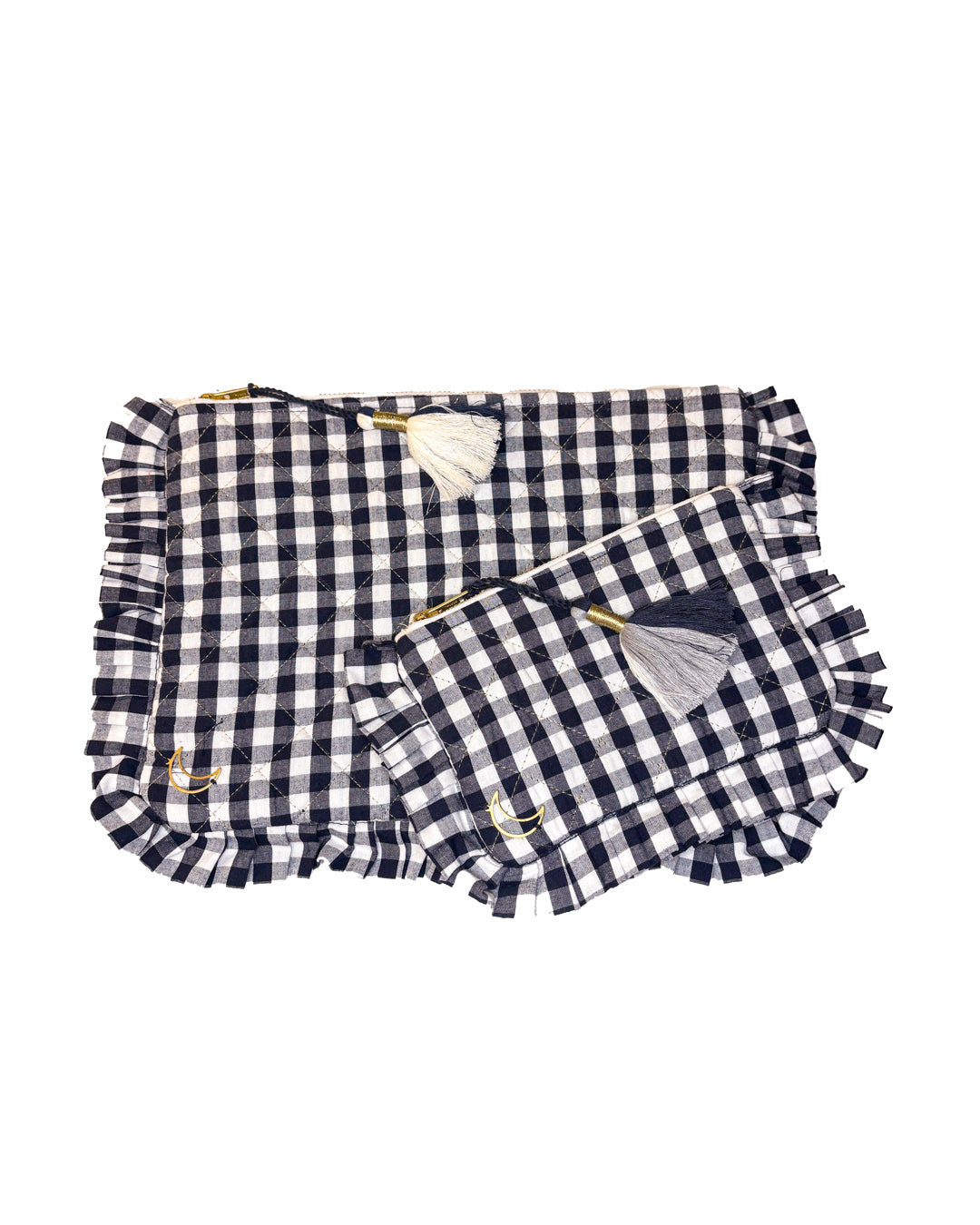Block Print Ruffle Pouch - Black & White Gingham