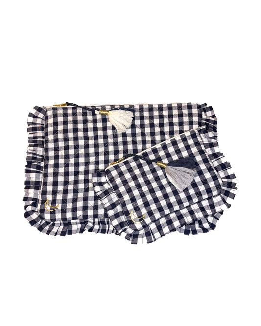 Block Print Ruffle Pouch - Black & White Gingham