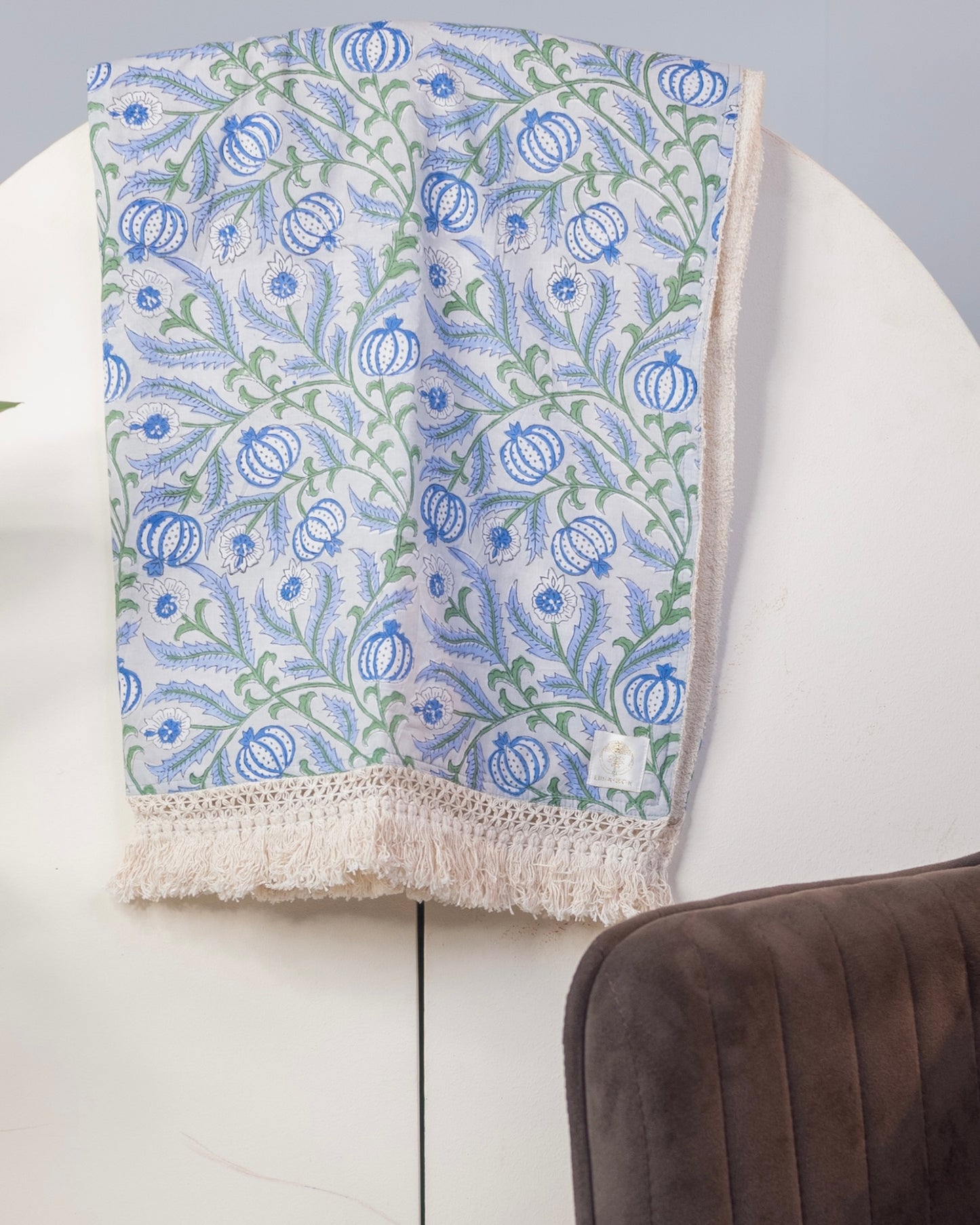 Block Print Cotton Towels -  Floral On Grey