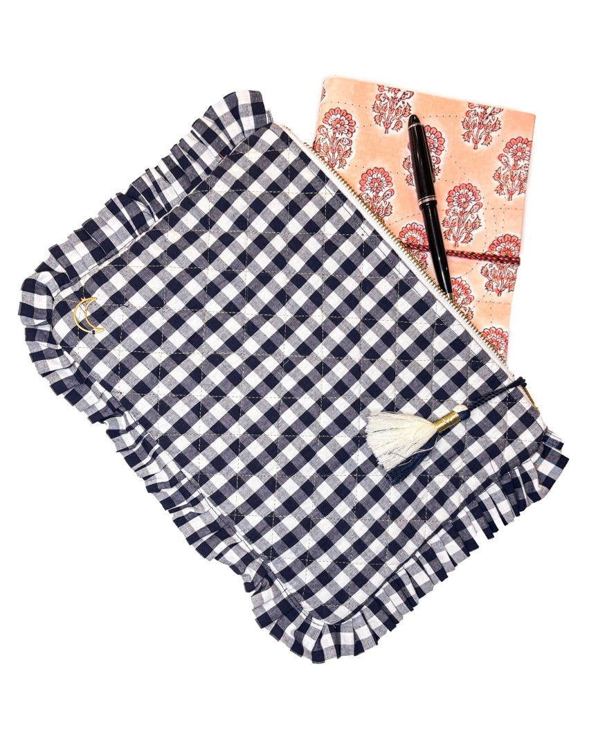 Block Print Ruffle Pouch - Black & White Gingham