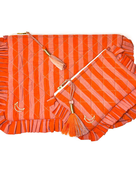 Block Print Ruffle Pouch - Coral & Orange Stripe